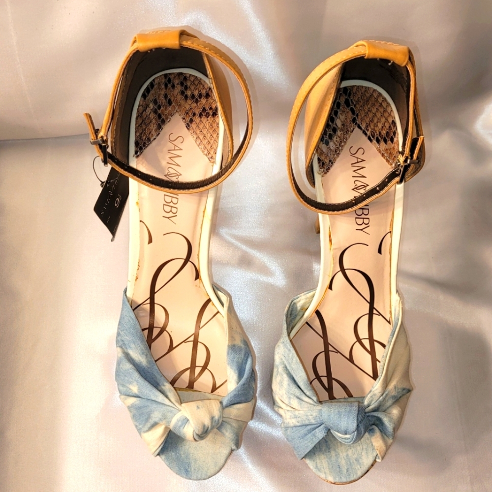 SAM & LIBBY- Marilyn Denim Tie dye/ Tan heel peep toe platform sandel
